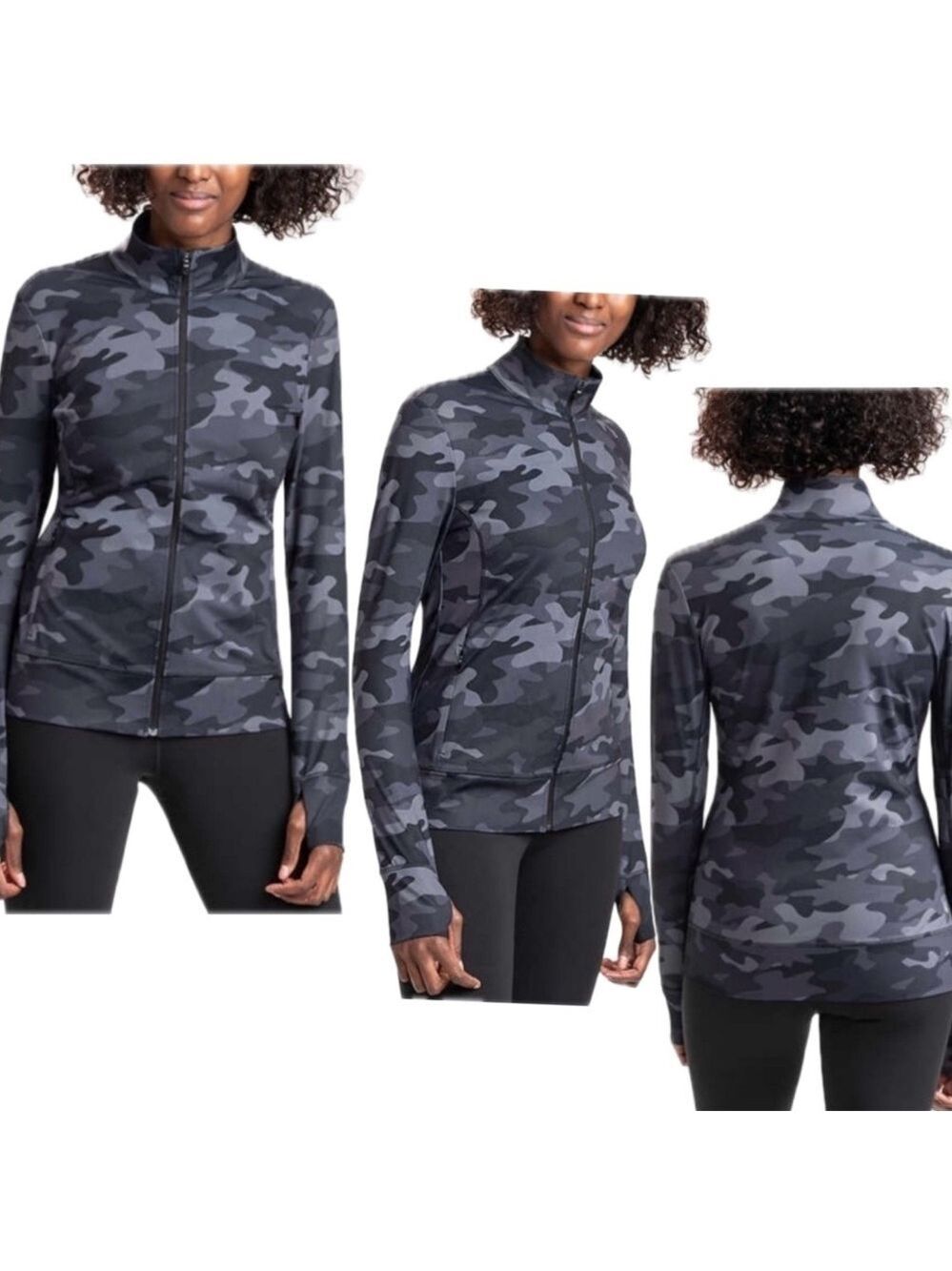 Lole gray camo full zip up jacket zipper pockets thumb holes Sz M NWOT